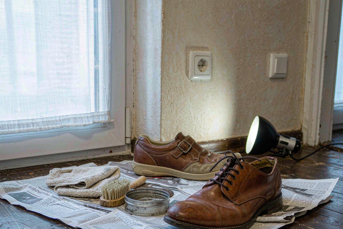 Plan de travail avec une brosse en crin de cheval, un chiffon en coton et une chaussure en cuir achetée en 2012